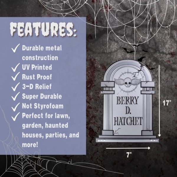 3-D Metal Halloween Ghost XL 17" Tombstone w Stakes -BERRY D HATCHET- Durable, Rustproof, UV Raised Printing- Upgrade Your Haunted House Mansion w Cemetary Lawn Decor- No More Flimsy Foam Graveyards - Image 3