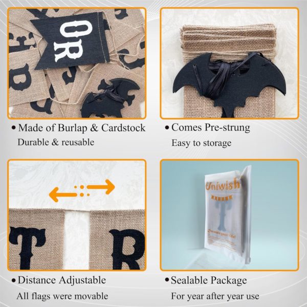Uniwish Trick or Treat Burlap Banner Halloween Decorations for Mantel Fireplace Glitter Bat Garland Bunting Home Wall Decor Halloween Party Supplies - Image 2