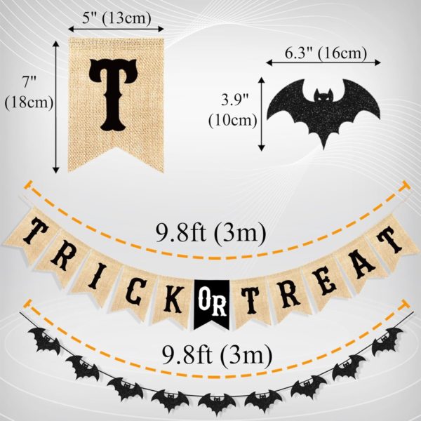 Uniwish Trick or Treat Burlap Banner Halloween Decorations for Mantel Fireplace Glitter Bat Garland Bunting Home Wall Decor Halloween Party Supplies - Image 3