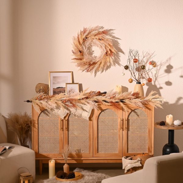 DecorbyHannah Collapsible Fall Wreath, 24'' Pre-Lit Artificial Pampas Grass Wreath for Front Door, Boho Farmhouse Wall Decor for Thanksgiving Autumn Harvest Home Outdoor Decorations - Image 2