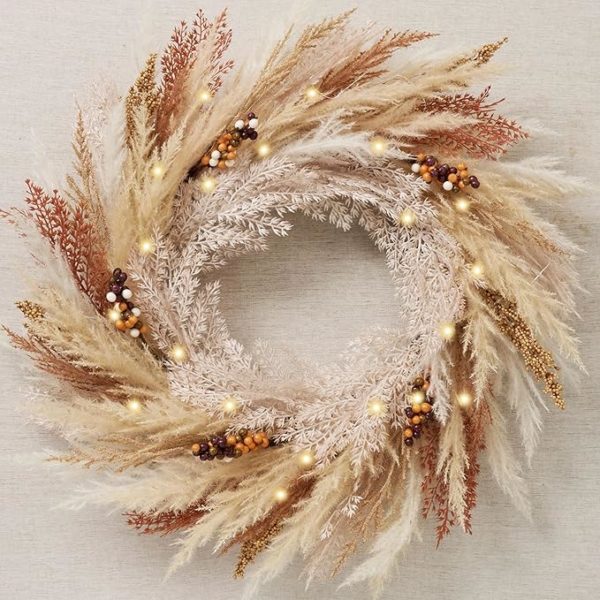 DecorbyHannah Collapsible Fall Wreath, 24'' Pre-Lit Artificial Pampas Grass Wreath for Front Door, Boho Farmhouse Wall Decor for Thanksgiving Autumn Harvest Home Outdoor Decorations