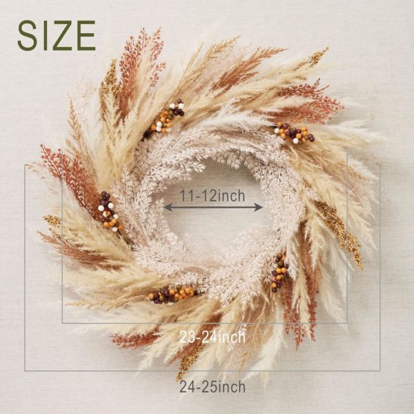 DecorbyHannah Collapsible Fall Wreath, 24'' Pre-Lit Artificial Pampas Grass Wreath for Front Door, Boho Farmhouse Wall Decor for Thanksgiving Autumn Harvest Home Outdoor Decorations - Image 4